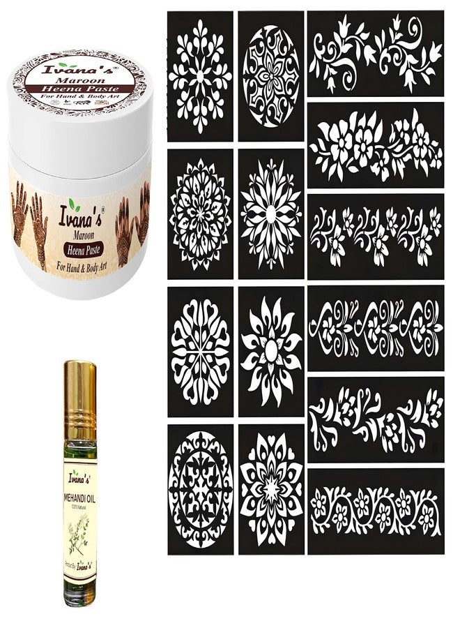 إيفاناز معجون الحناء الفوري من إيفانا باللون العنابي الداكن - معجون حناء جاهز للاستخدام لليدين وتصاميم العرائس | لون حناء فوري طبيعي وسريع الثبات، خالٍ من المواد الكيميائية، مع 14 قطعة من ملصقات الحناء وبكرة زيت الحناء - Image 2