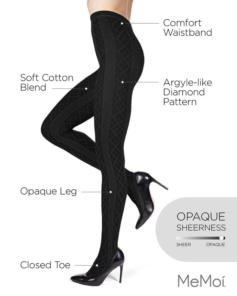 MeMoi Juneau Diamonds Cotton Tights for Women, Cozy and Elegant Sweater Tights - Sizes Small to X-Large, Black, M-L - Image 3