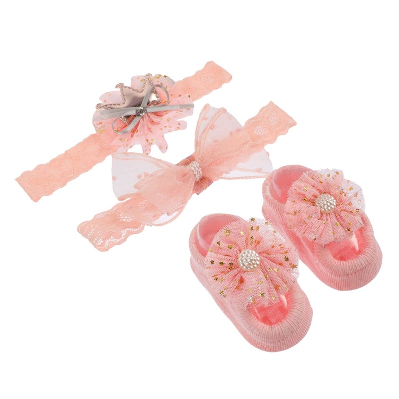 3pcs Newborn Photography Props Set Pink Lace Headband Socks For Girls Photoshoot - Image 2