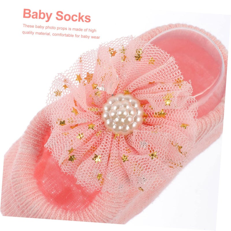 3pcs Newborn Photography Props Set Pink Lace Headband Socks For Girls Photoshoot - Image 5