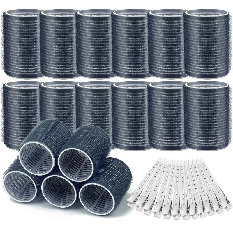Acejoz Hair Rollers, 12Pcs Large Self Grip Hair Rollers with 12Pcs Stainless Steel Duckbill Clips, for Long Medium Thick Hair Volume (Navy Blue) - Image 1