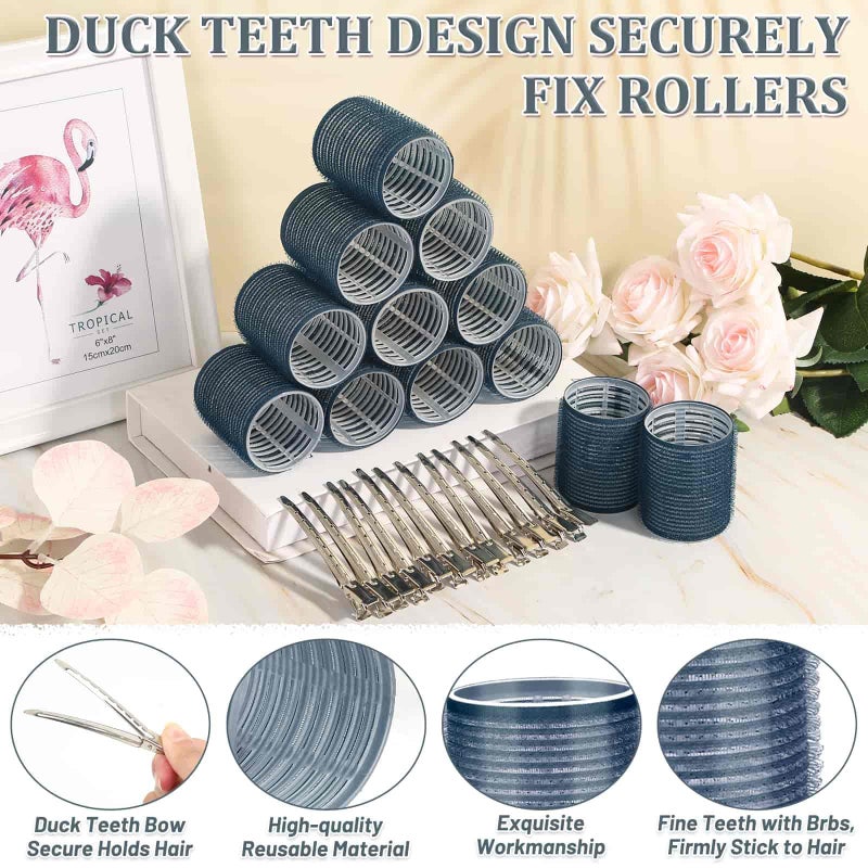 Acejoz Hair Rollers, 12Pcs Large Self Grip Hair Rollers with 12Pcs Stainless Steel Duckbill Clips, for Long Medium Thick Hair Volume (Navy Blue) - Image 3