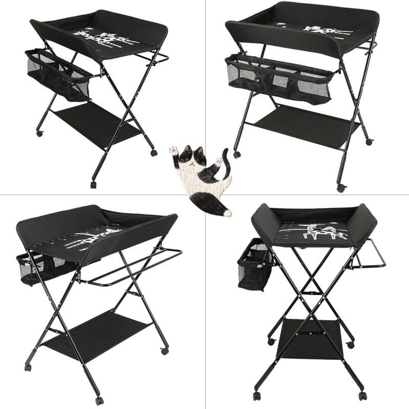 Fantastic-Kids-Toys Baby Changing Table with Wheels Adjustable Height Foldable Changing Table with Nursery Organizer and Storage Shelf for Newborns and Infants, 80 x 66 x 98 cm (Black) - Image 4