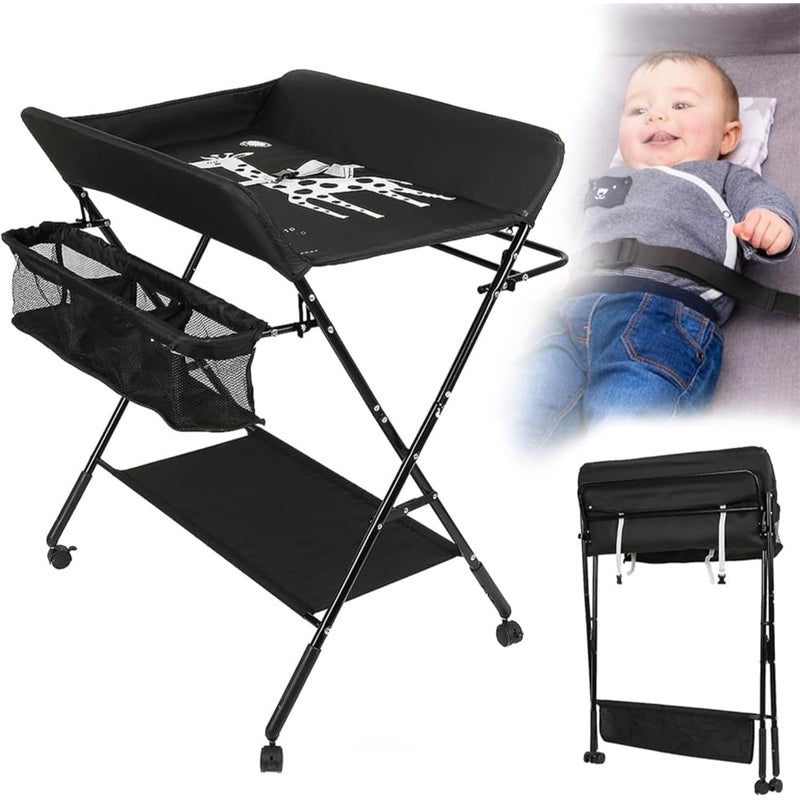 Fantastic-Kids-Toys Baby Changing Table with Wheels Adjustable Height Foldable Changing Table with Nursery Organizer and Storage Shelf for Newborns and Infants, 80 x 66 x 98 cm (Black) - Image 3