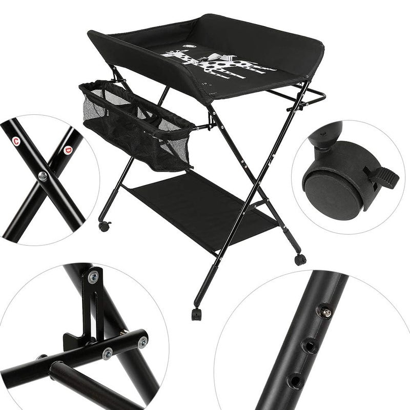 Fantastic-Kids-Toys Baby Changing Table with Wheels Adjustable Height Foldable Changing Table with Nursery Organizer and Storage Shelf for Newborns and Infants, 80 x 66 x 98 cm (Black) - Image 5