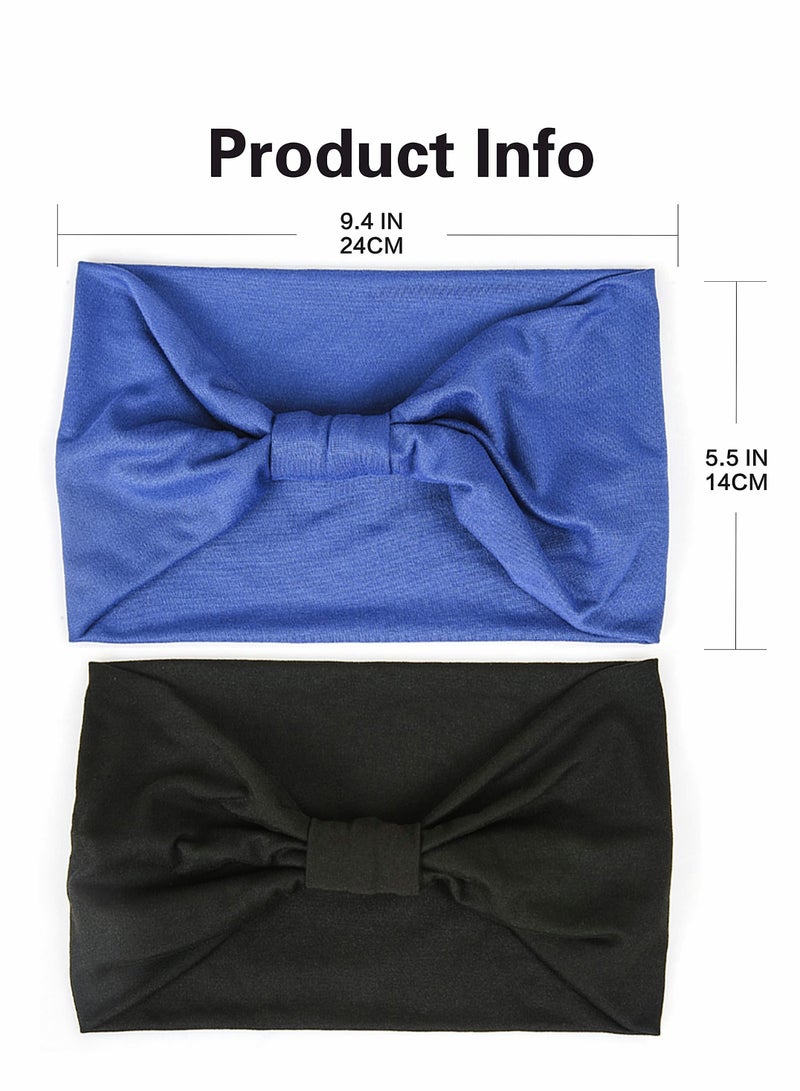 Loquat 2 Pack Wide Headbands for Women, Boho Knotted Sweat on-Slip Fashion Hair Bands, Head Wraps Elastic Soft Cotton Cloth Turbans Bandana Yoga, Running, Sport (Black, Blue) - Image 4