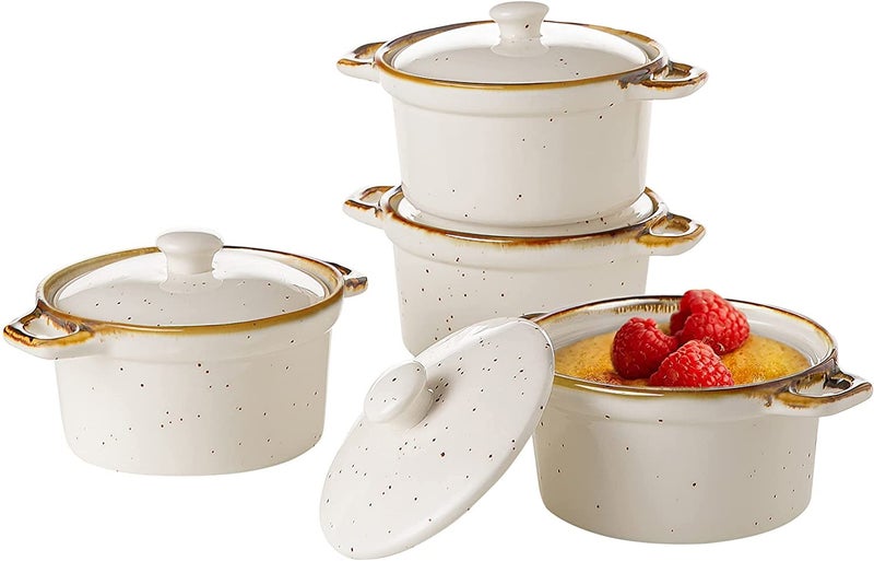 ONEMORE Ramekins with Lids 6 oz Oven Safe Ceramic Mini Casserole Dish with Lid Brown Rim for French Onion Soup Speckled Mini Dutch Oven Cocotte Set of 4 for Individual Serving Creamy White