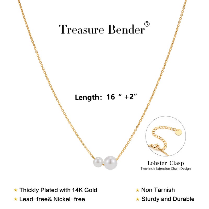 Treasure Bender Pearl Necklaces for Women Trendy, 14k Gold Plated Dainty Necklace Simple Pearl Drop Single Charm Pendant Necklace Birthday Wedding Gifts Gold Jewelry for Women - Image 3