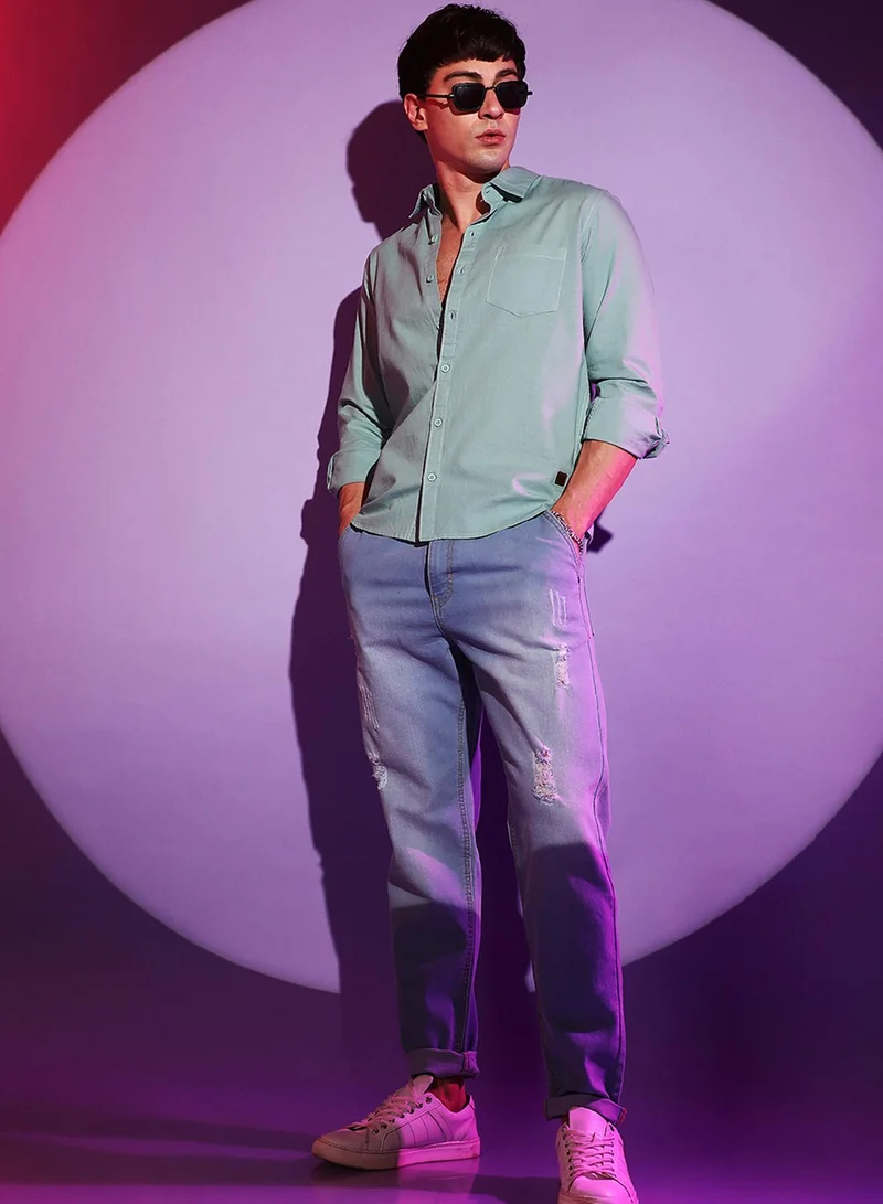 Campus Sutra Men's Solid Aqua Green Regular Fit Casual Shirt