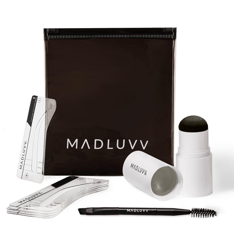 MADLUVV Brow Stamp Kit with Brow Stencils â€“ Easy Eyebrow Shaper for Natural-Looking Brows â€“ Popular Eyebrow Stencil Kit Used by Professionals â€“ 9 Shapes, Spoolie, Travel Bag & Stamp (Brunette) - Image 1