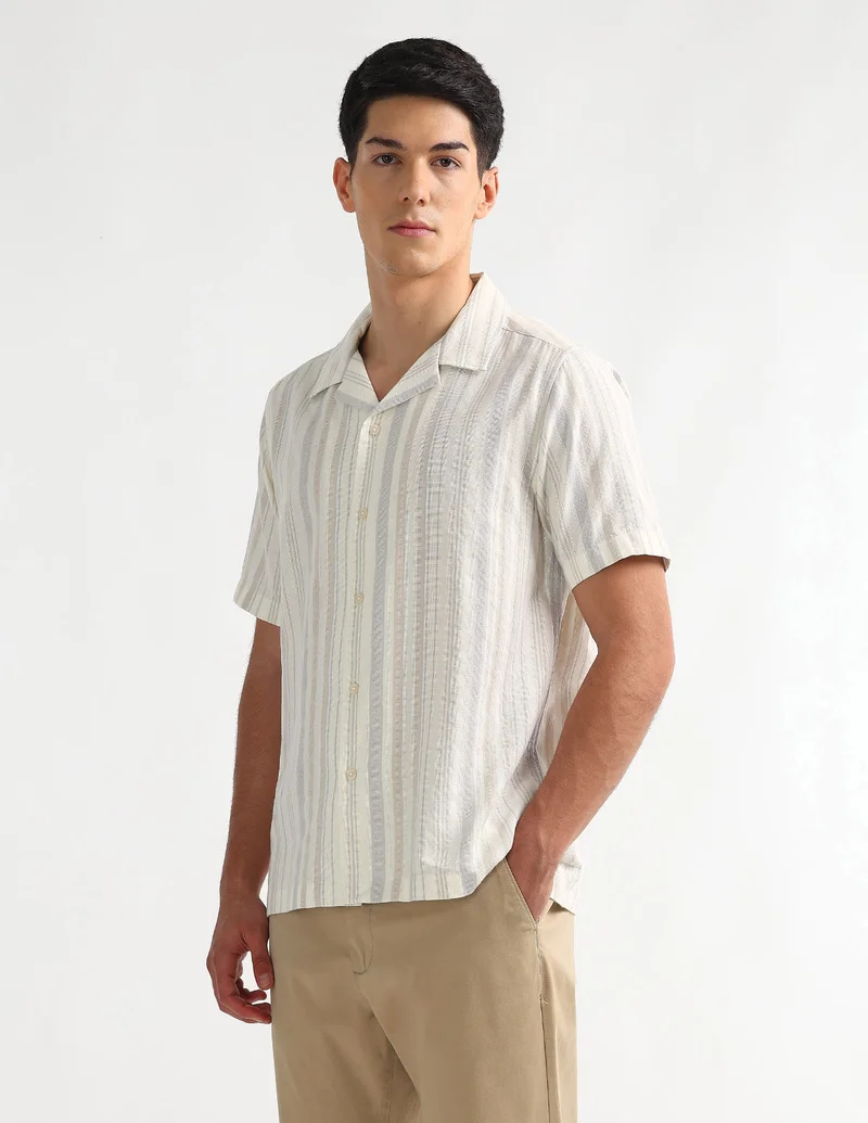 Arrow Beige Vertical Striped Cuban Shirt for Men | Best Price UAE