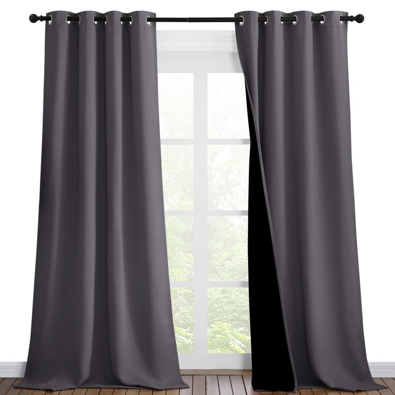 NICETOWN Grey Full Shade Curtain Panels Pair of Thermal Insulated  Energy Efficiency Blackout Curtains for Living Room Windows Lined Silky Performance Window Dressing 46 Wide x 90 Long Gray