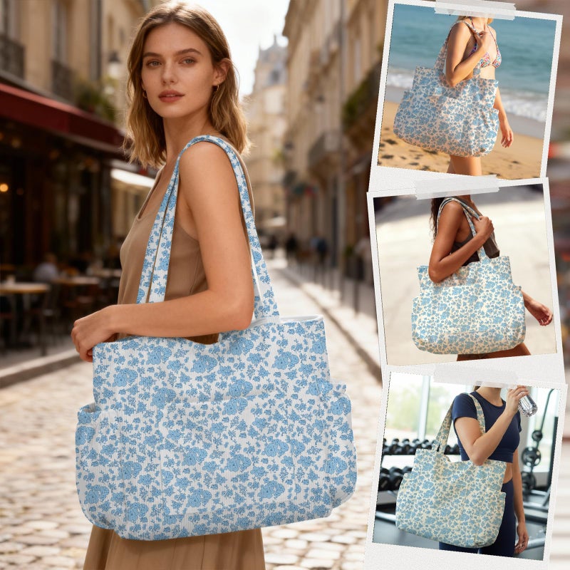 Hatisan Corduroy Tote Bag for Women, Large Capacity Cute Tote Bags With 6 Pockets, Laptop Tote Bag Crossbody Shoulder Handbag Teacher Nurse Bags for Work Travel Gym(Blue Flowers) - Image 2
