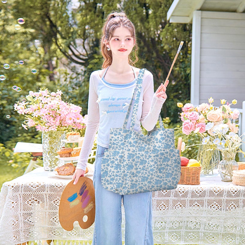 Hatisan Corduroy Tote Bag for Women, Large Capacity Cute Tote Bags With 6 Pockets, Laptop Tote Bag Crossbody Shoulder Handbag Teacher Nurse Bags for Work Travel Gym(Blue Flowers) - Image 3