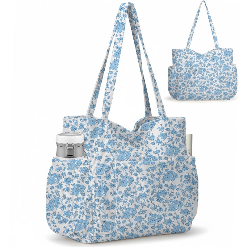 Hatisan Corduroy Tote Bag for Women, Large Capacity Cute Tote Bags With 6 Pockets, Laptop Tote Bag Crossbody Shoulder Handbag Teacher Nurse Bags for Work Travel Gym(Blue Flowers) - Image 1