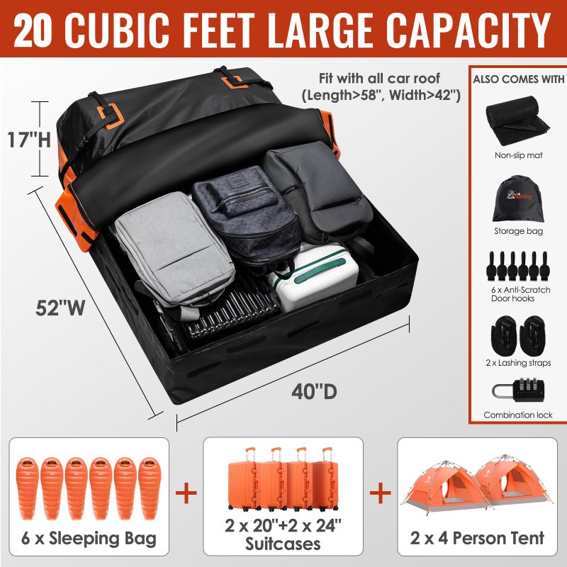 Asinking Car Rooftop Cargo Carrier Bag, 20 Cubic Feet Waterproof Heavy Duty Car Roof Bag for All Vehicle with/Without Racks - Anti-Slip Mat, 6 Door Hooks, Storage Bag, 2 Extra Straps, Luggage Lock - Image 3