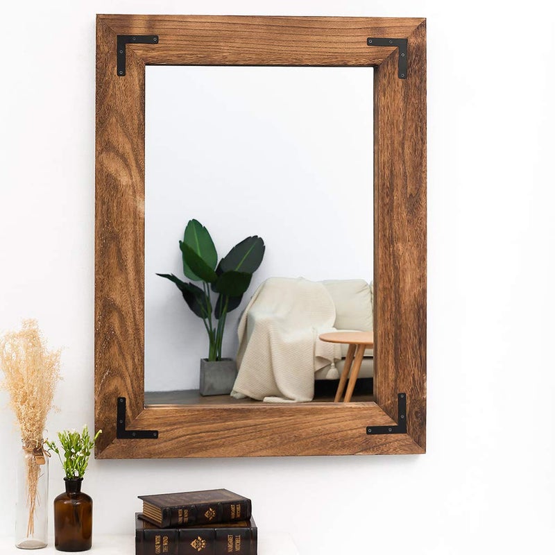 YOSHOOT Rustic Wooden Framed Wall Mirror, Natural Wood Bathroom Vanity Mirror for Farmhouse Decor, Vertical or Horizontal Hanging, 32" x 24", Brown - Image 4