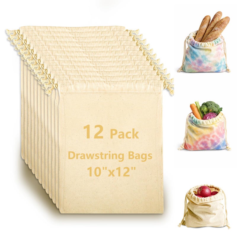 OKBA 12 Pack Cotton Muslin Drawstring Bags - Reusable Cloth Bags for Storage, Gift Packaging, DIY Crafts, Produce & Bread Storage, Eco-Friendly & Lightweight (10x12 inch) - Image 1