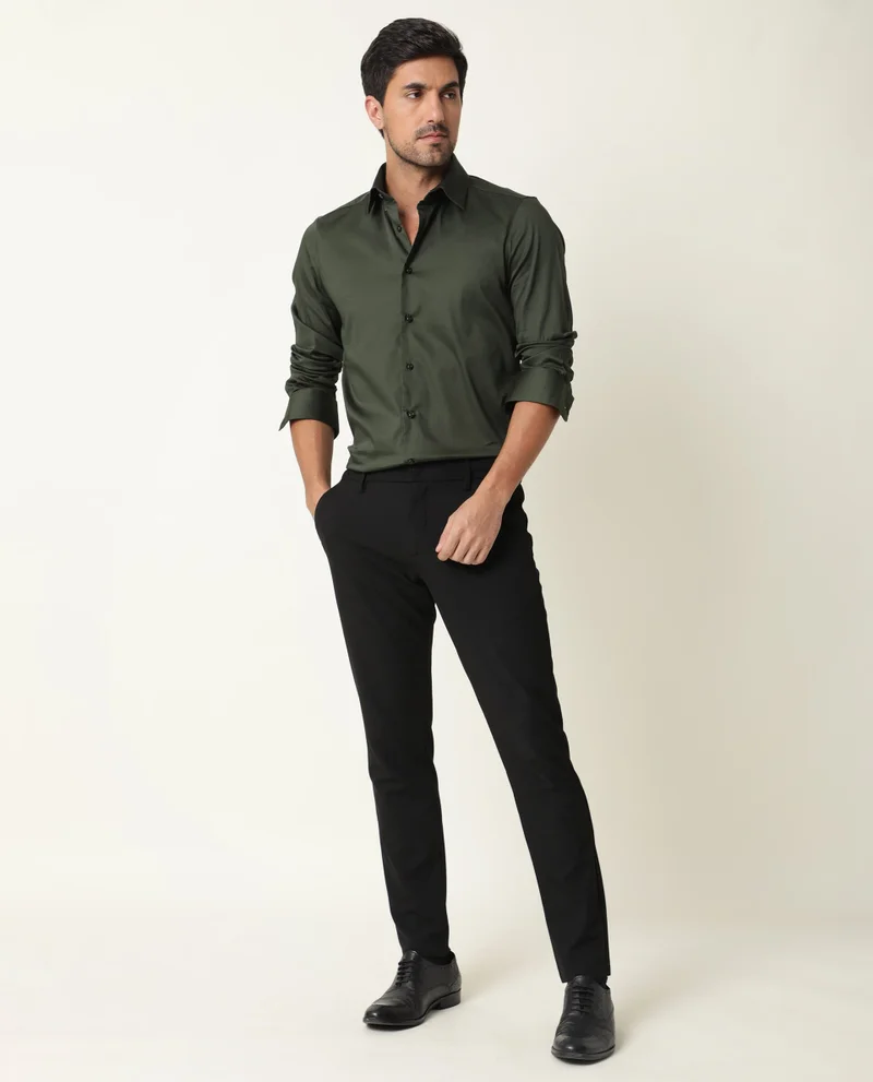 Rare Rabbit Rare Rabbit Men's Holand Olive Satin Fabric Full Sleeves Solid Shirt