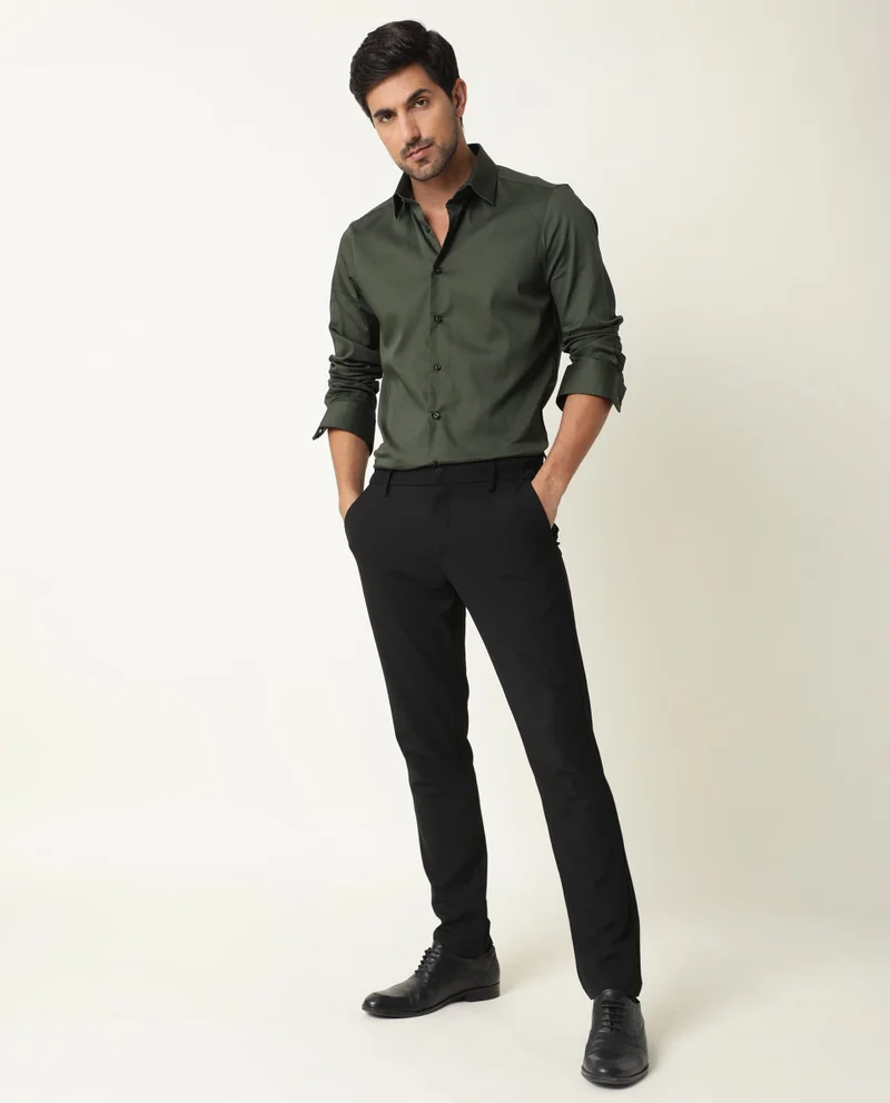 Rare Rabbit Rare Rabbit Men's Holand Olive Satin Fabric Full Sleeves Solid Shirt