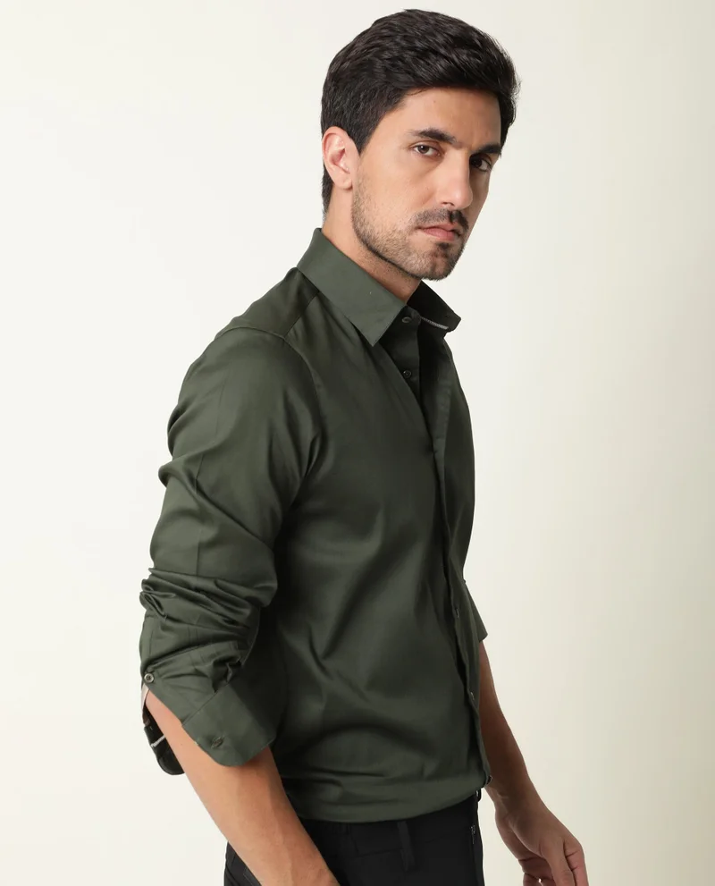 Rare Rabbit Rare Rabbit Men's Holand Olive Satin Fabric Full Sleeves Solid Shirt