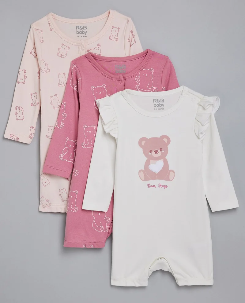 أر أند بي 3 Pack Printed Rompers with Long Sleeves