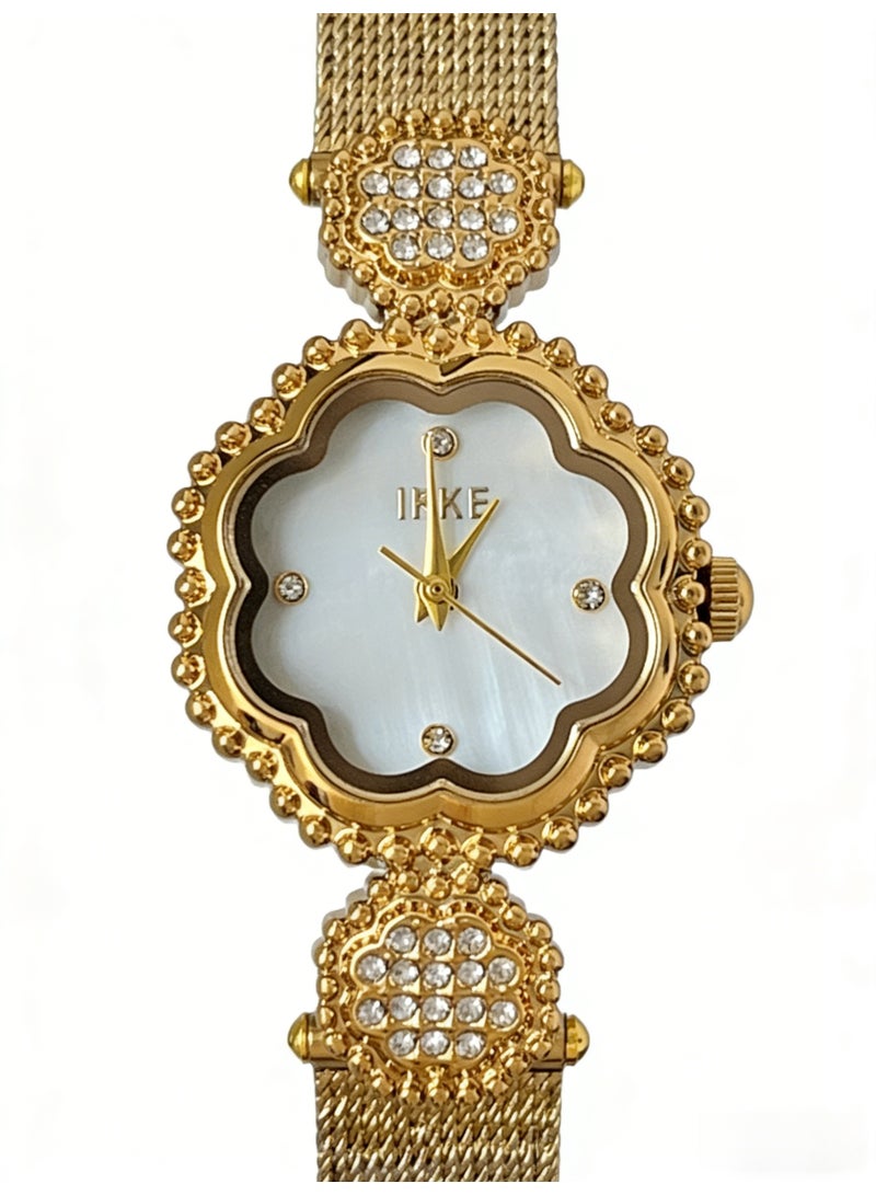 اياكي IEKE Best-Selling Gold Flower-Shaped Watch - Luxury Crystal-Accented Mother-of-Pearl Dial Mesh Bracelet Women's Quartz Wristwatch (Trending Hot Item) - Image 1