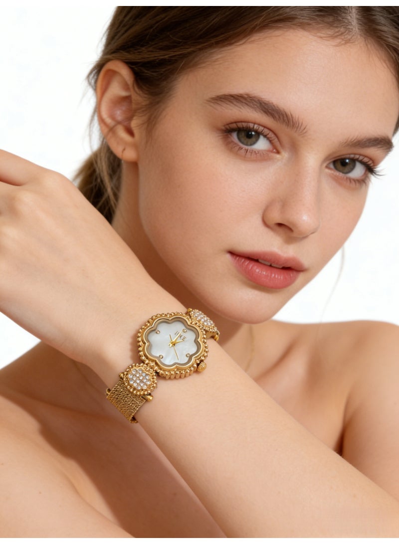 اياكي IEKE Best-Selling Gold Flower-Shaped Watch - Luxury Crystal-Accented Mother-of-Pearl Dial Mesh Bracelet Women's Quartz Wristwatch (Trending Hot Item) - Image 2