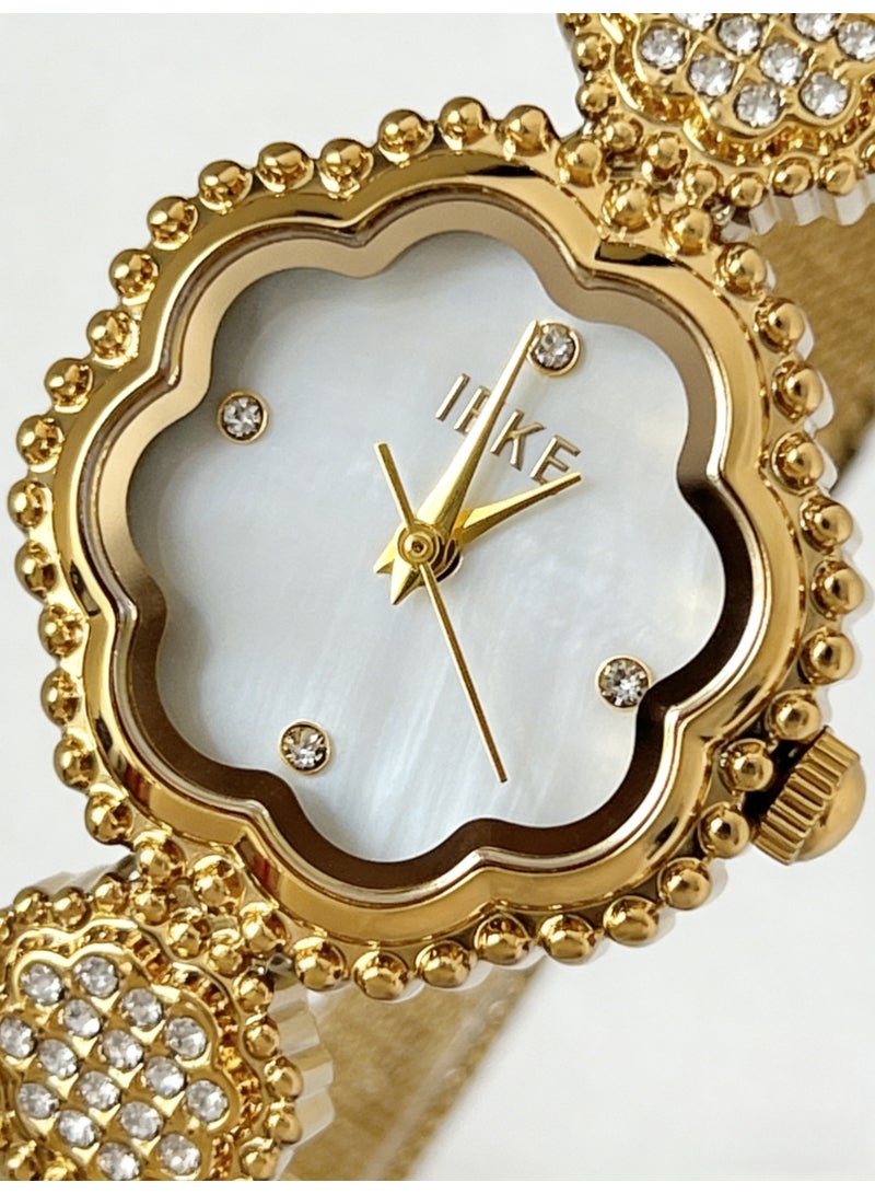 اياكي IEKE Best-Selling Gold Flower-Shaped Watch - Luxury Crystal-Accented Mother-of-Pearl Dial Mesh Bracelet Women's Quartz Wristwatch (Trending Hot Item) - Image 3