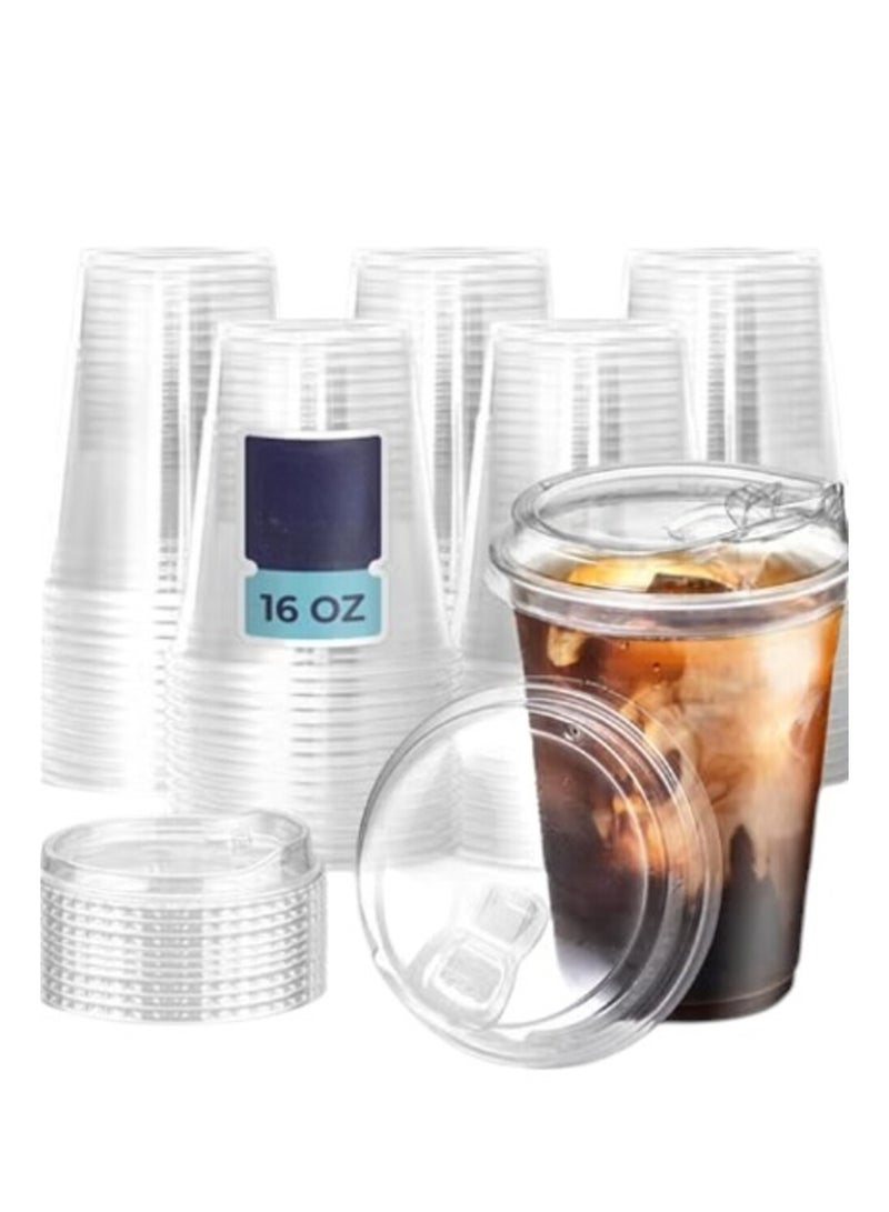 16 oz Disposable Plastic Strawless Cups with Lids Eco-Friendly for Iced Coffee, Smoothies, Sodas, and Cafe Essentials  - Image 1