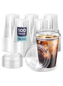 Generic 100 Pack 16oz Disposable Plastic Strawless Cups with Lids Eco-Friendly for Iced Coffee, Smoothies, Sodas, and Cafe Essentials  - Image 1