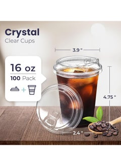 Generic 100 Pack 16oz Disposable Plastic Strawless Cups with Lids Eco-Friendly for Iced Coffee, Smoothies, Sodas, and Cafe Essentials  - Image 3