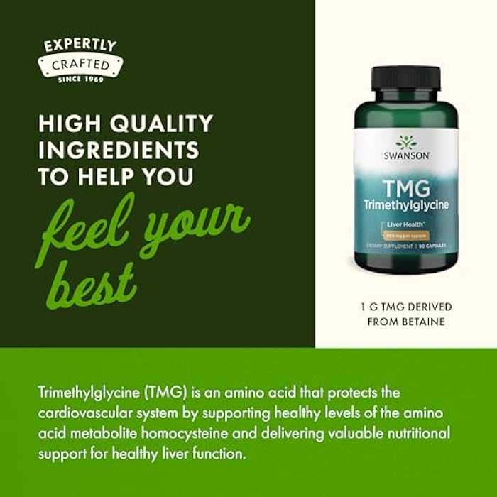 Swanson TMG Trimethylglycine - Amino Acid Supplement Promoting Healthy Liver Function & Heart Health Support - (90 Capsules, 500mg Each) - Image 5