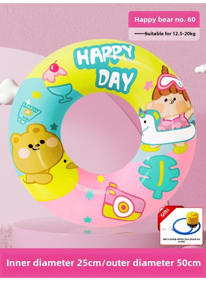 Children's Swimming Ring Thick Life Buoy Anti-rollover Beginner Boys And Girls Baby Cartoon Inflatable Underarm Ring-Inner Diameter After Inflating:Happy Bear Size 60 (recommended Weight 12.5-20kg )