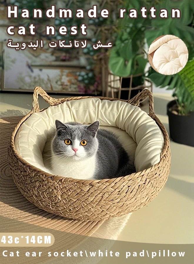 Cats HouseCats Resting Bed Four season universal grass woven cat nest Vine woven detachable and washable warm nest for cats Equipped with soft cushion 43x43x14 - Image 1