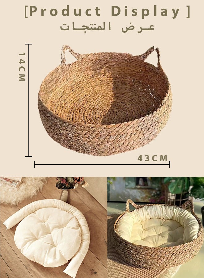 Cats HouseCats Resting Bed Four season universal grass woven cat nest Vine woven detachable and washable warm nest for cats Equipped with soft cushion 43x43x14 - Image 2