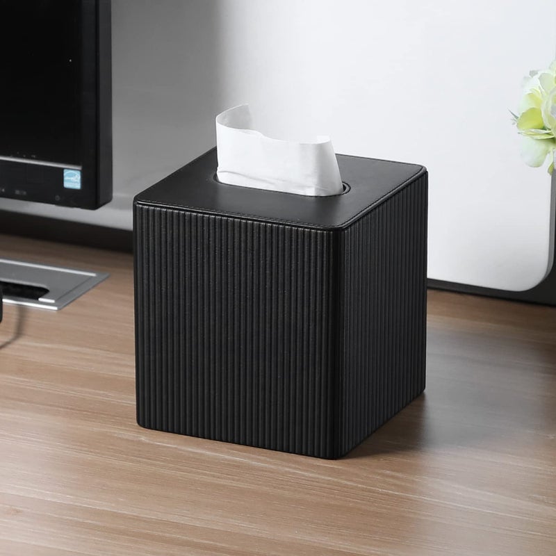 Cretkhp PU Leather Tissue Box Cover with Magnetic Closure, Modern Square Tissue Box Holder Decorative Organizer for Bathroom Vanity Countertop, Night Stands Bedroom Office Desk (Black) - Image 4