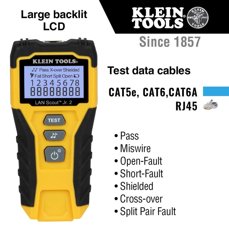 Klein Tools 80072 RJ45 Cable Tester Kit with LAN Scout Jr. 2, Coax Crimper / Stripper / Cutter Tool and 50-Pack Pass-Thru Modular Data Plugs - Image 2