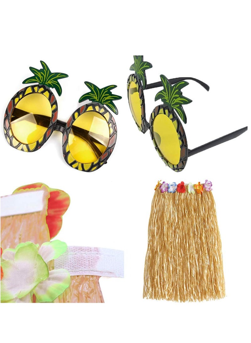 8 Pieces Hula Skirt Costume Kit Hawaiian Leis Grass Skirt with Flowers Bikini Top Bracelets Necklace Hair Clip Pineapple Sunglasses for Hula Costume and Beach Party (60CM)  - Image 3