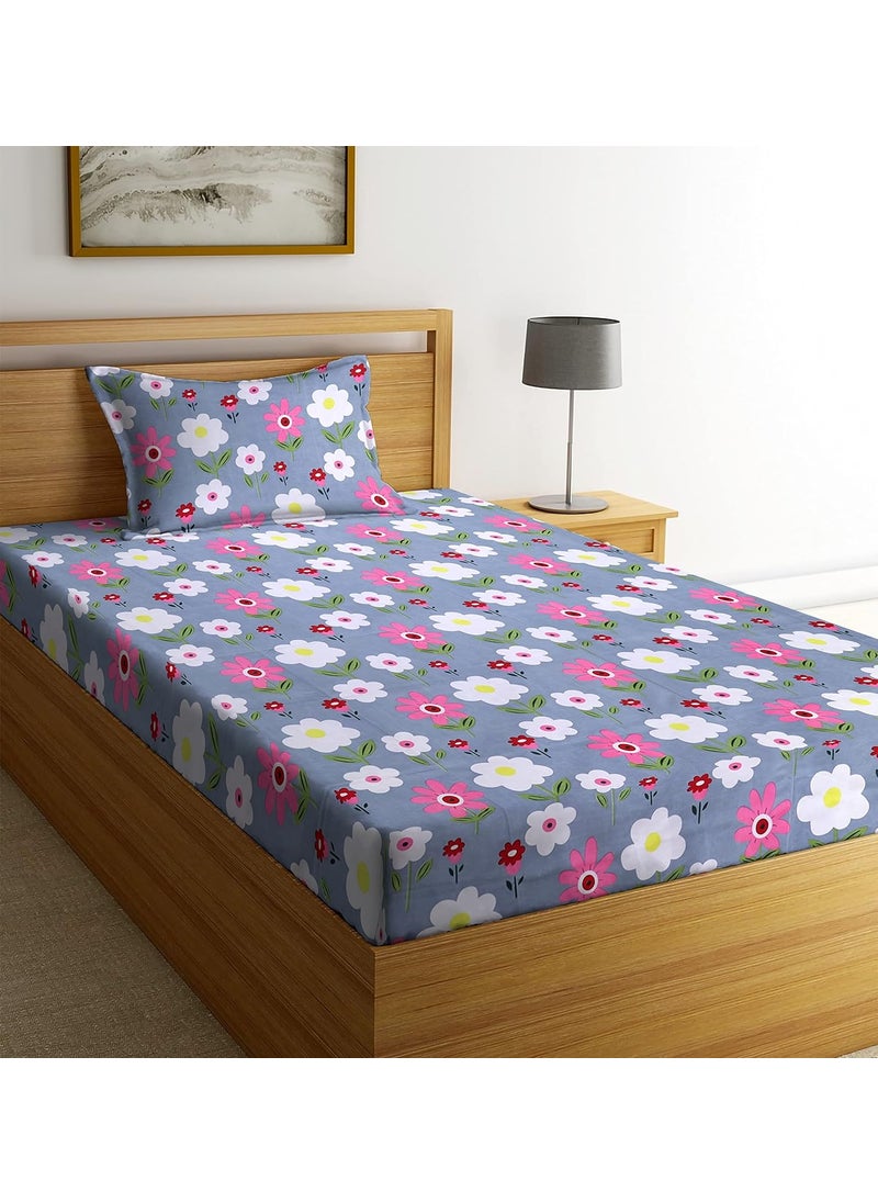 Luxury Trends Luxury Trends Pure Cotton Feel 160TC Single Bedsheets for Single Bed Diwan Bed Size 90 x 60 Inches with 1 Pillow CoversSize18 X 28 Floral Pink White Grey  - Image 1