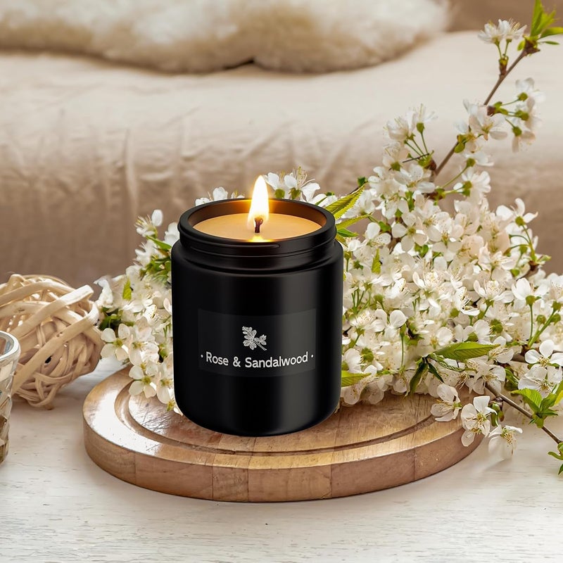 TranquilBliss Scented Candles for Home Scented, Strong Fragranced Aromatherapy Candle - 7.6 Oz, 100% Soy Wax - Christmas Candles Scented for Men & Women in Black Jar, Rose & Sandalwood - Image 4