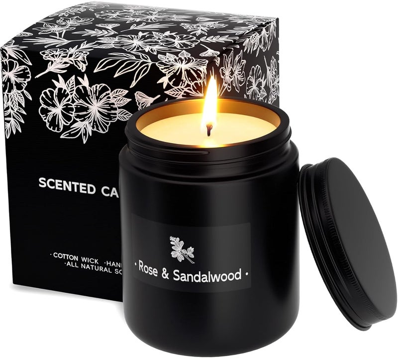 TranquilBliss Scented Candles for Home Scented, Strong Fragranced Aromatherapy Candle - 7.6 Oz, 100% Soy Wax - Christmas Candles Scented for Men & Women in Black Jar, Rose & Sandalwood - Image 1