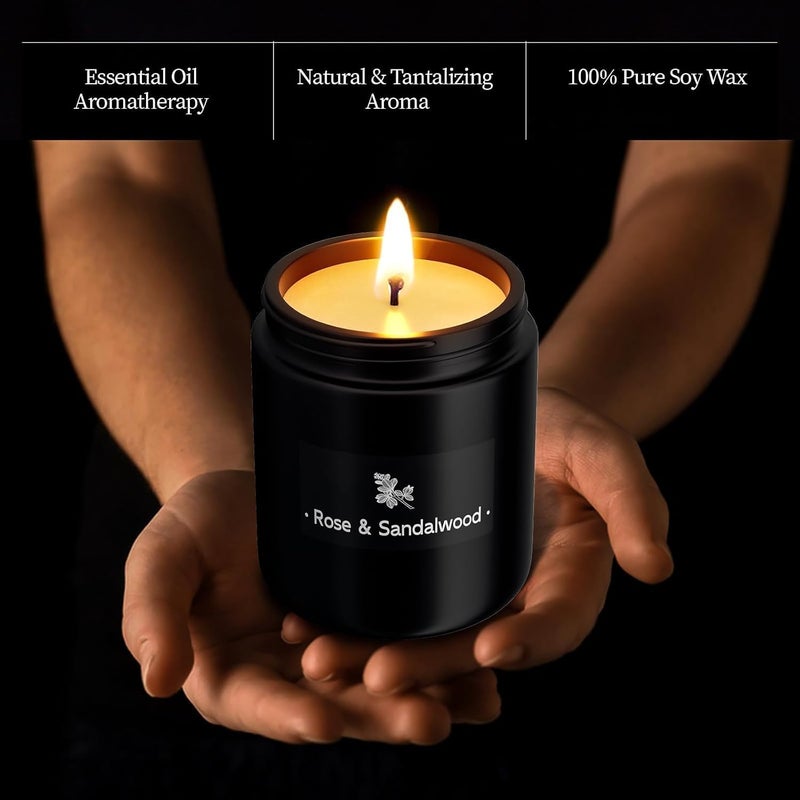 TranquilBliss Scented Candles for Home Scented, Strong Fragranced Aromatherapy Candle - 7.6 Oz, 100% Soy Wax - Christmas Candles Scented for Men & Women in Black Jar, Rose & Sandalwood - Image 2