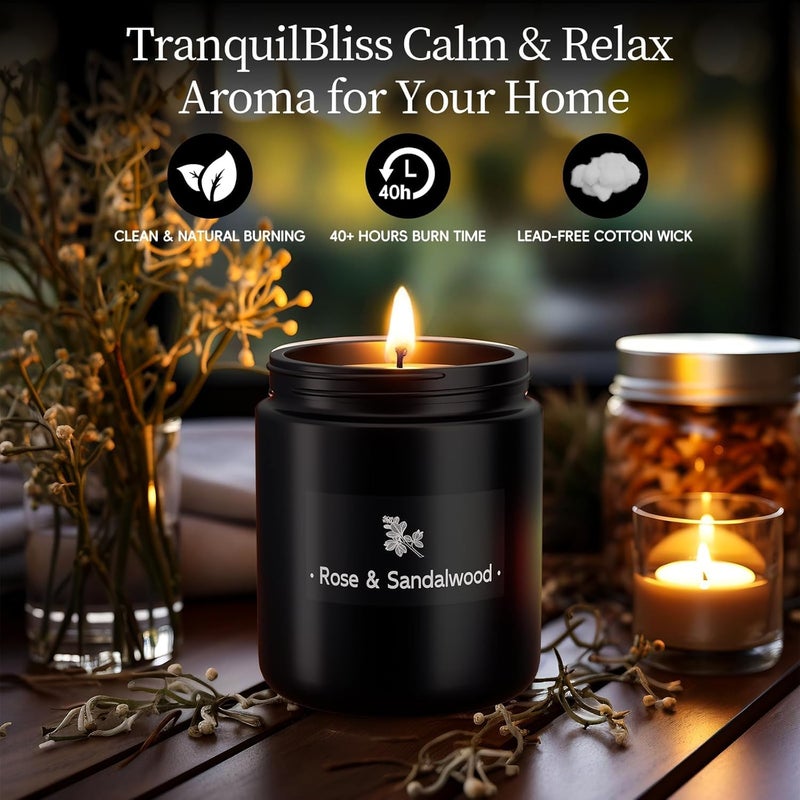 TranquilBliss Scented Candles for Home Scented, Strong Fragranced Aromatherapy Candle - 7.6 Oz, 100% Soy Wax - Christmas Candles Scented for Men & Women in Black Jar, Rose & Sandalwood - Image 3