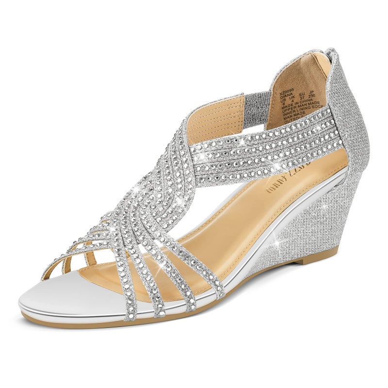 PIZZ ANNU Women's Diana Low Wedge Sandals Sparkly Rhinestone Open Toe Fashion Dress Shoes for Woman Lady in Bridal Dance Evening, Silver Glitter 8.5 - Image 1