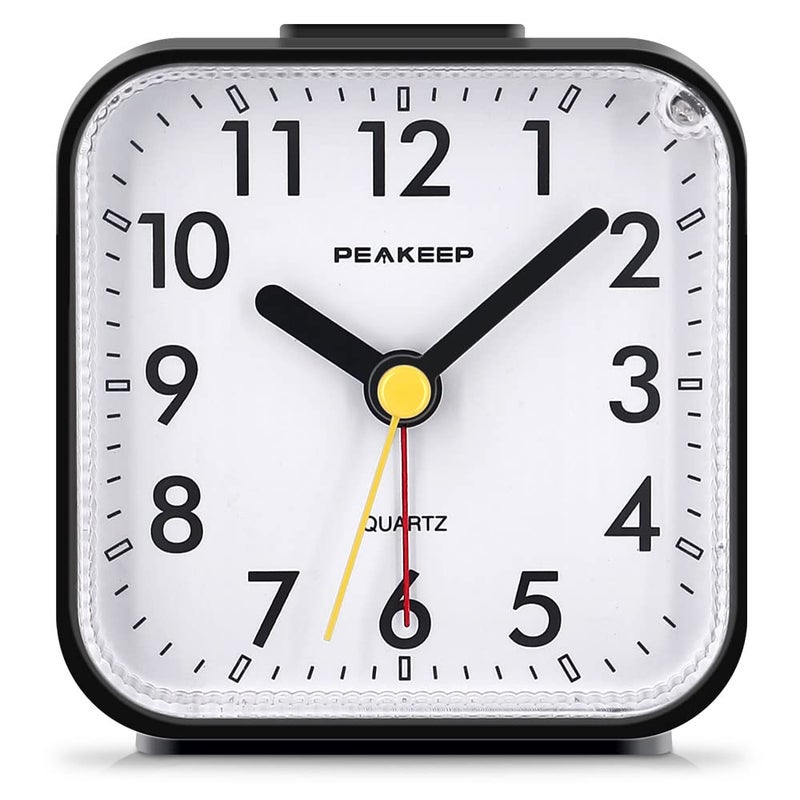 Peakeep Small Battery Operated Analog Travel Alarm Clock Silent No Ticking Lighted on Demand and Snooze Beep Sounds Gentle Wake Ascending Alarm Easy Set Black