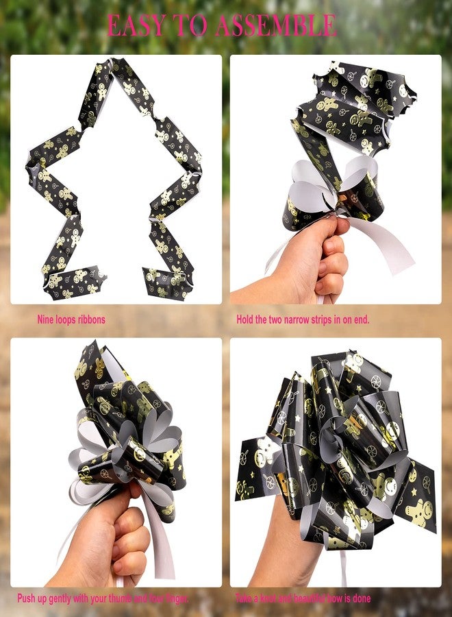 LeZakaa 12PCS Christmas Pull Bows with Ribbon - Black and Gold Gingerbread Design - Perfect for Gift Wrapping, Florist, Bouquet, Basket - Image 2