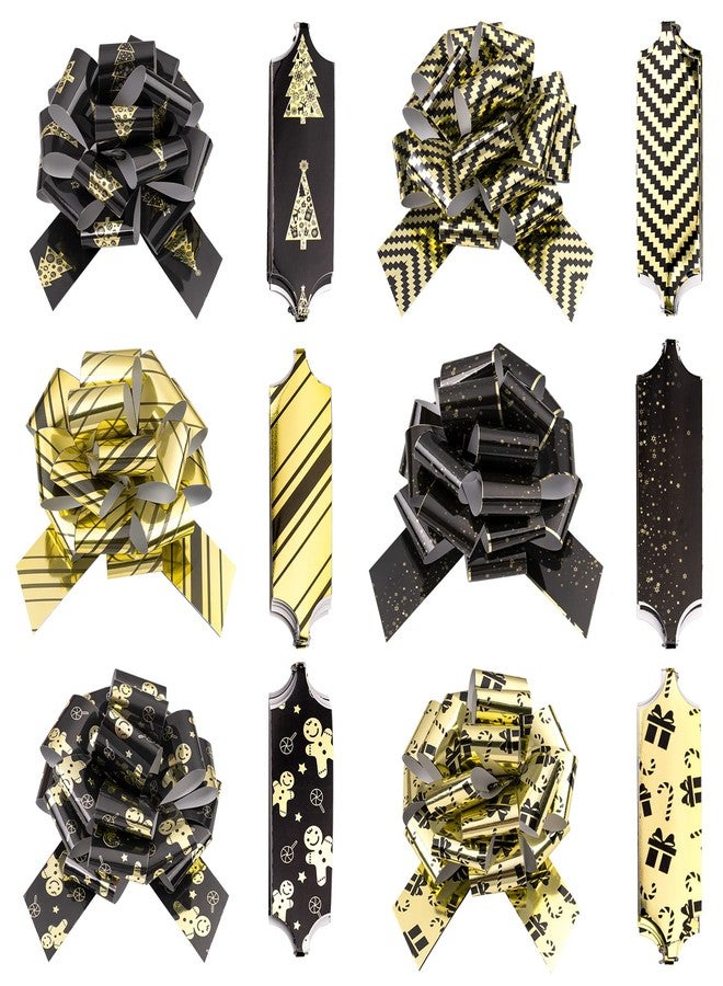 LeZakaa 12PCS Christmas Pull Bows with Ribbon - Black and Gold Gingerbread Design - Perfect for Gift Wrapping, Florist, Bouquet, Basket - Image 1