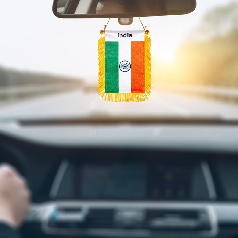 WXTWK 3 X 5 Inch India Flag Indian Window Hanging Flag Small Mini Car Flags Banners Rearview Mirror Decoration with Suction Cup Golden Fringy Banner - Image 4