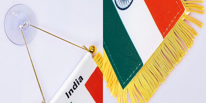 WXTWK 3 X 5 Inch India Flag Indian Window Hanging Flag Small Mini Car Flags Banners Rearview Mirror Decoration with Suction Cup Golden Fringy Banner - Image 3